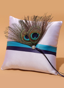 Anneau porteur oreiller Satin blanc paon plumes mariage perles perle oreiller avec rubans