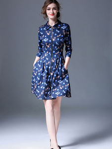 Bleu profond de la patineuse de robe féminine réparties col 3/4 longueur manches imprimé Flare robe