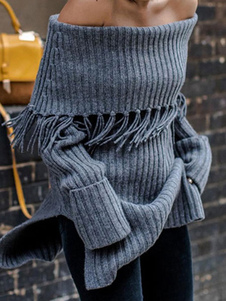 Pull pull gris au large de l’épaule manches longues en tricot chandail avec frange