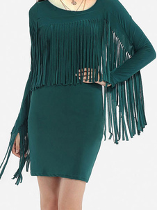 Robe Bodycon vert femmes autour de cou manches longues Slim Fit fourreau avec des glands