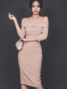 Bodycon Dress des femmes saumons perles perlés hors de l’épaule 3/4 longueur manche Slim Fit robe fo