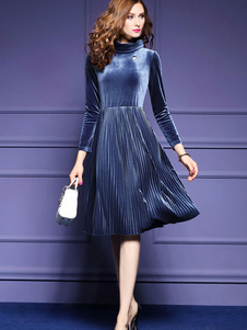 Skater bleu robe velours haut col 3/4 longueur manche plissé robe évasé
