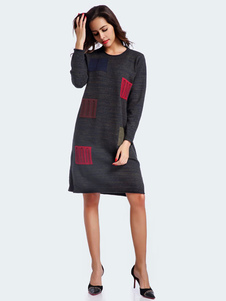 Populaire robe pull mode tricotée fendue col rond street style