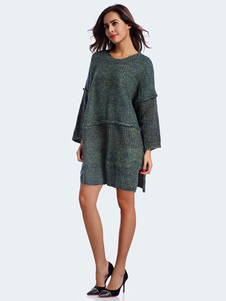 Fascinante robe pull moyenne mode tricotée fendue vêtements journaliers col rond street style