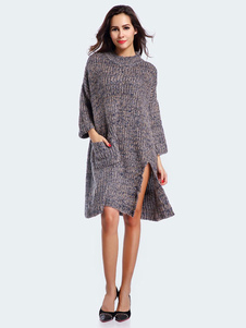 Robe avec poche en tricot pull kaki Robe col montant manches longues fente