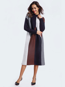 Magnifique robe pull mode color-block vêtements journaliers col ras du cou street style