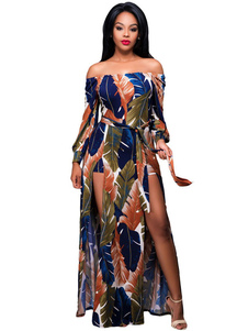 Robe Maxi bleu profond femmes au large de l’épaule manches longues imprimé barboteuse robe longue