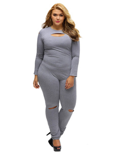 Combinaison gris Plus la taille Tour de cou à manches longues femmes découpe jambe maigre Jumpsuit