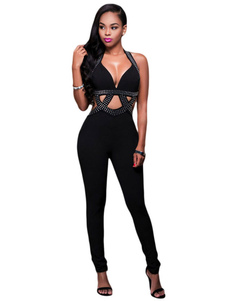 V cou sans manches découpe combinaison Sexy noire féminin perlée jambe maigre Jumpsuit