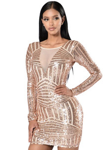 Robe sexy rose paillettes col rond manches longues dos nu Slim Fit Bodycon Dress