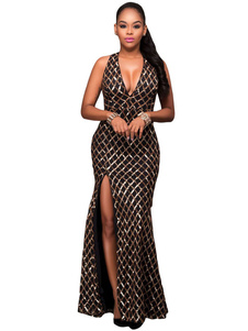 Robe Maxi noire V cou sans manches dos nu fente Slim Fit robe longue