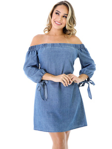 Robe bleu au large de l’épaule Puff manches longues Denim robe courte