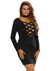 Robe sexy noir plongeant décolleté Lace Up Backless Slim Fit Bodycon Dress