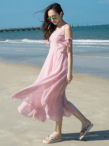 Rose robe bretelles Split plage robe longue dos nu mousseline de soie robe féminine avec Bow