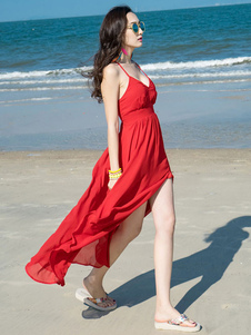 Plage rouge robe bretelles divisé Backless Criss Cross robe longue Bohème en mousseline de soie robe