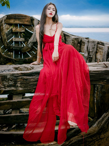 Maxi robe Chffion taille haute Split Spaghetti Strap rouge féminin hiérarchisé glisser la robe