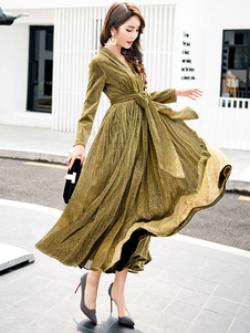 Maxi robe à paillettes manches longues plissé V Neck élégante écharpe longue robe féminin