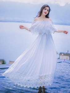 Blanc robe Maxi hors couper légèrement plissée longue robe en dentelle épaules féminines