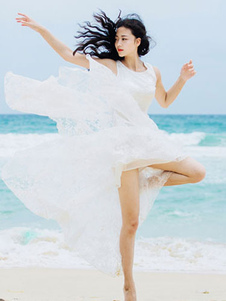 Sans manches robe longue hiérarchisé organza robe blanche haut bas de la femme