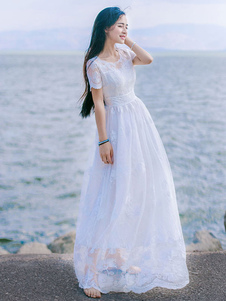 Floral Tiered robe longue robe dentelle blanche manches courtes Maxi féminin