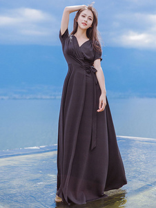 Robe Vintage noire soie V cou manches courtes fente plissée Maxi robe avec ceinture