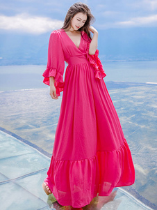 Taille haute Bell manches volants Rose rouge longue robe Maxi robe V cou féminin de plage