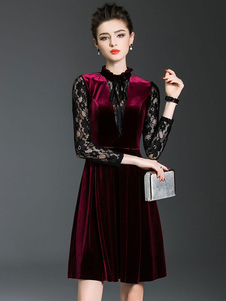 Skater Bourgogne robe Stand Velvet manches longues col plissé robe évasé