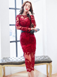 Illusion de robe Bodycon Bourgogne col rond manches longues Slim Fit robe fourreau