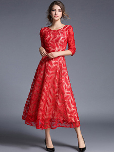 Robe patineuse rouge rond Manche 3/4 longueur manches robe longue brodée