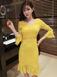 Robe jaune V Manche 3/4 longueur manches Ruffle Hem Slim Fit Bodycon robe en dentelle femmes