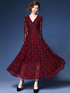 Bourgogne robe Maxi dentelle V cou manches longues Slim Fit robe longue pour les femmes