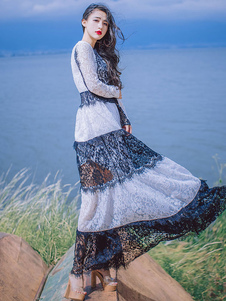 Dentelle robe Maxi deux tons Illusion, tour de cou à manches longues Slim Fit robe longue