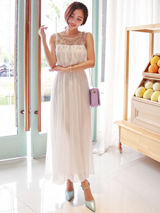 Mousseline de soie robe Maxi blanche ronde cou sans manches robe longue perlée pour femmes