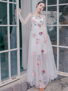 Tulle de la robe longue blanche ronde cou manches longues semi Sheer Floral robe brodée