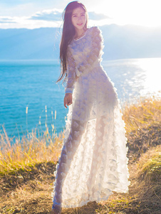 Maxi robe en mousseline de soie blanche fleurs 3D Applique féminin tour de cou Semi pure longue robe