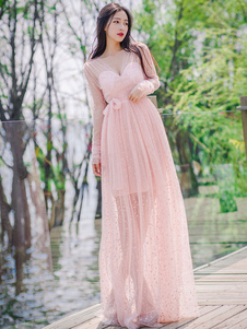 Manches longues pois Split Semi pure longue robe robe Maxi rose Tulle V cou féminin avec ceinture