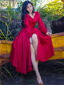 V cou manches longues haute Split robes longues robe Maxi rouge Vintage femmes
