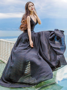 Split haut sans manches Long Slip robe Maxi robe V cou féminin noire