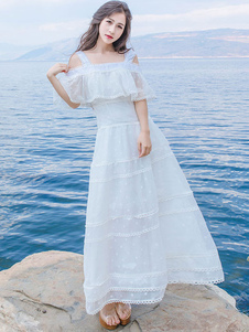 Robe en dentelle maxi blanc épaule froide volants manches courtes robe de Long Beach féminin