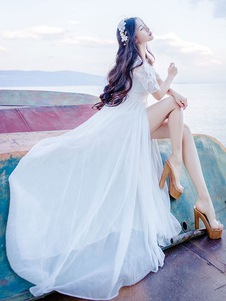 V cou manches courtes Split Semi pure Maxi robe robe longue blanche dentelle Flower appliques fémini