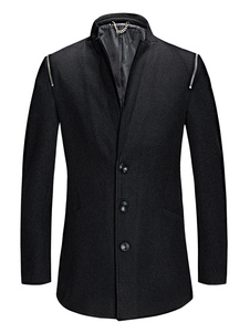 Laine noire manteau à boutonnière simple mi-longs manteau d’hiver pour les hommes