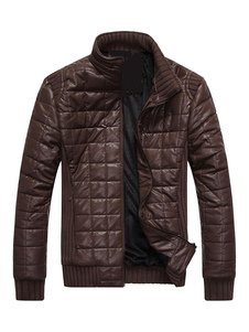 Veste Coupe-vent brun matelassé Stand doublée col fermeture éclair vers le haut de veste en cuir pou