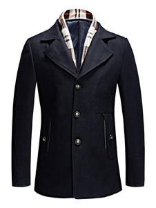 Manteau d’hiver pour hommes laine manteau noir mi-longs col Turndown bouton