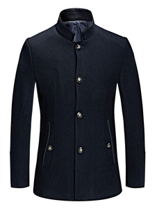 Manteau en laine bleu profond manteau masculin mi-longs Stand col avec bouton unique à poitrine