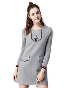 Gris col rond manches longues Slim Fit hiver robe Shift robe femme