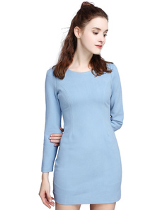 Charmante robe bodycon en coton bleu col rond unicolore convenable