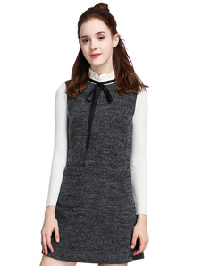 Stand ébouriffé col manches longues dentelle Maj gris robe féminine Slim Fit robe