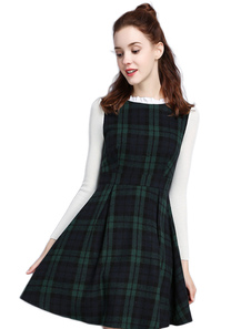 Éblouissante robe skater style universitaire en spandex vert foncé écossais convenable avec zip col 