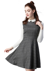 Fascinante robe bodycon en coton mélangé gris col large écossais avec zip moulant