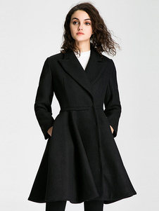 Manteau noir col Turndown manches longues Slim Fit Coat Dress des femmes